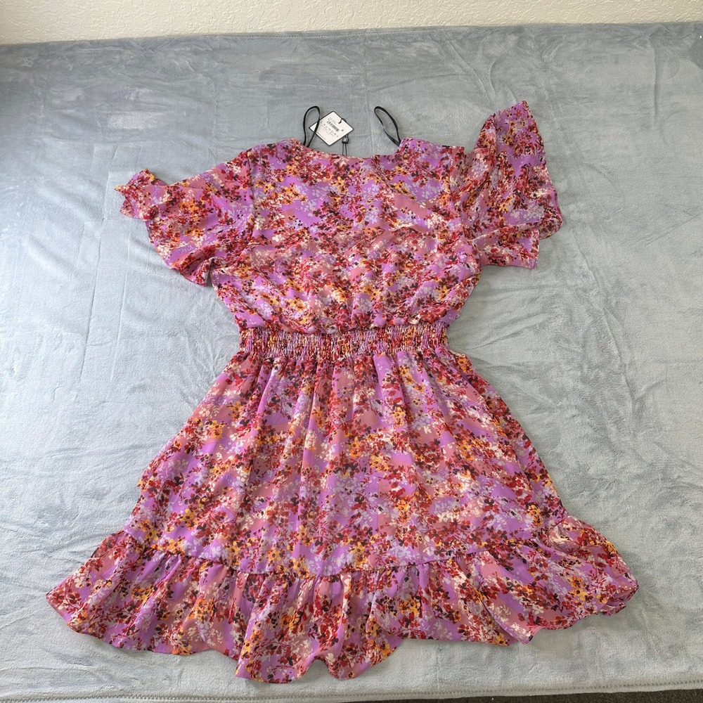 NWT Laundry by Shelli Segal Floral Chiffon Ruffle Mini Dress Purple Size 14